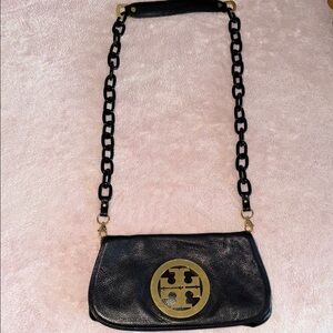 Authentic Tory Burch Black Leather Shoulder Bag with Gold Logo